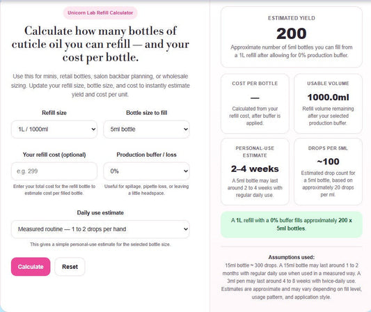 Cuticle oil refill calculator showing bottle yield, cost per unit, and bulk nail serum refill sizes for salons and wholesale