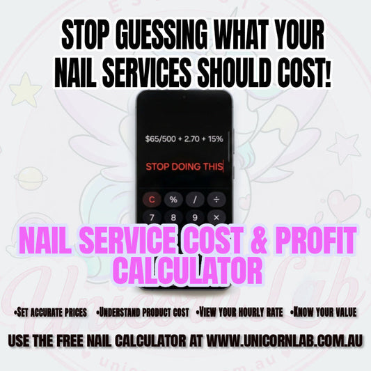 An illustration of a nail service cost and profit calculator with a smartphone displaying a formula, emphasizing accurate pricing for nail salons, with bold text encouraging salon owners to stop guessing nail service prices.