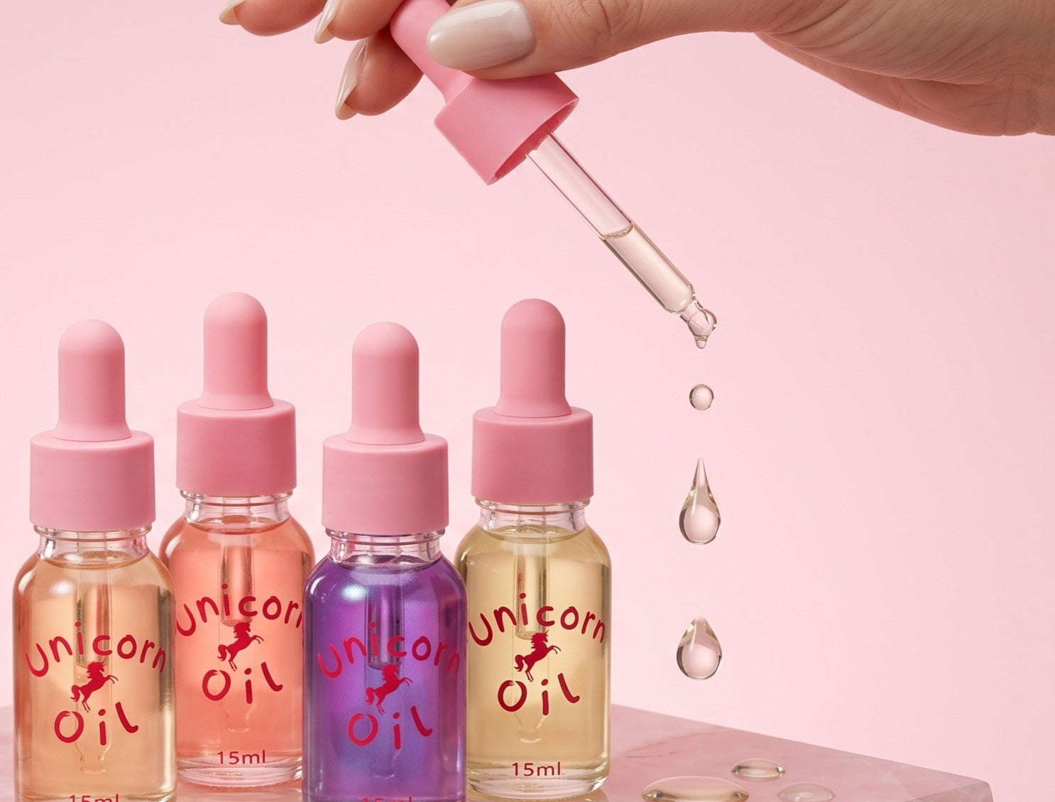 Cuticle oil drops and colourful shimmer scented cuticle oils from Unicorn Lab