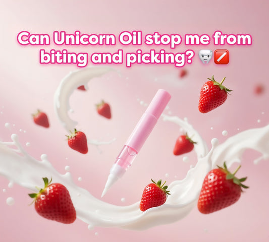 Unicorn labs 3ml 12-free cuticle oil pen with the text Can Unicorn Oil really stop you from picking, blog on how their nail care system combats nail biting habits