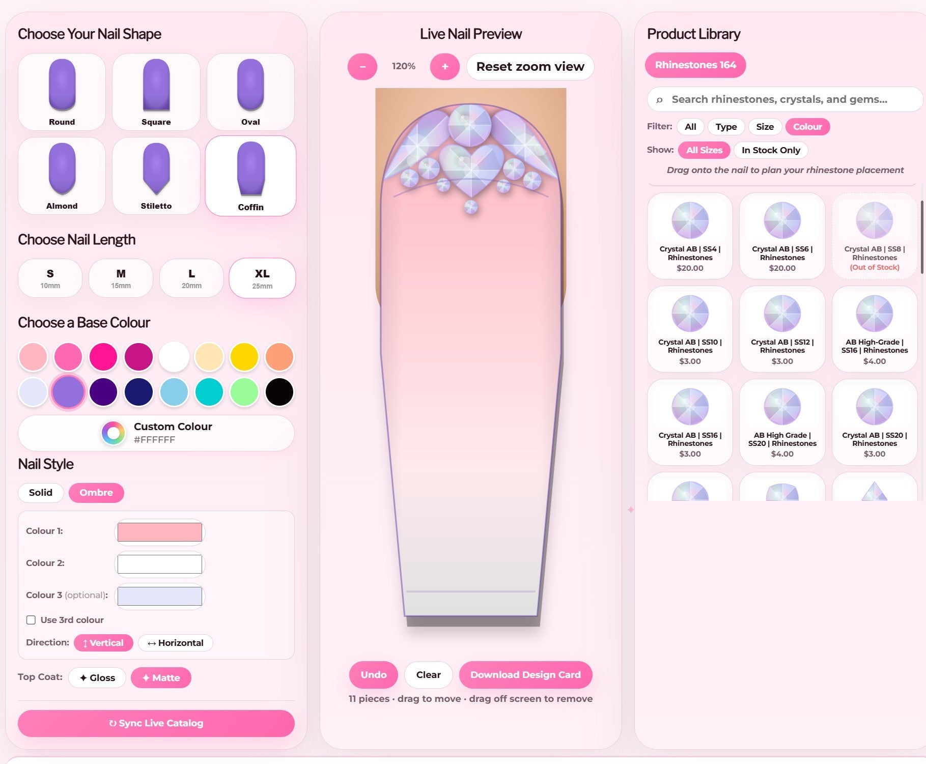 Virtual Rhinestone Nail Art Designer showing rhinestones and nail gems placed on a virtual nail