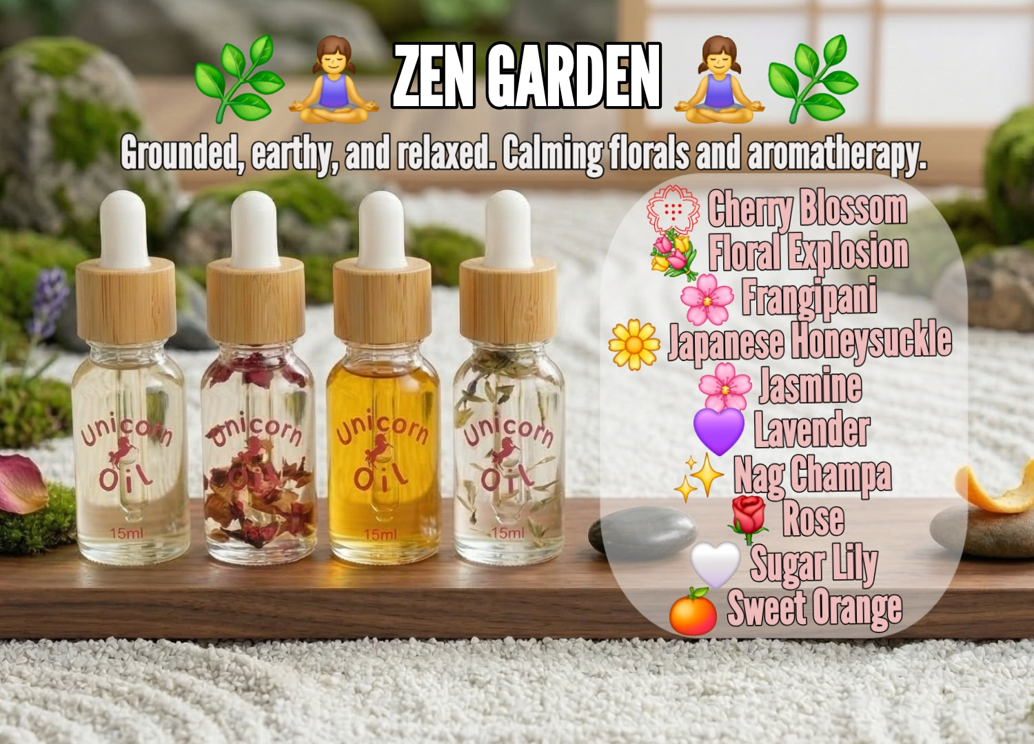 zen inspired cuticle oils, essential oil blends and florals