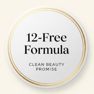 Round container with '12-Free Formula' and 'Clean Beauty Promise' text on a beige background