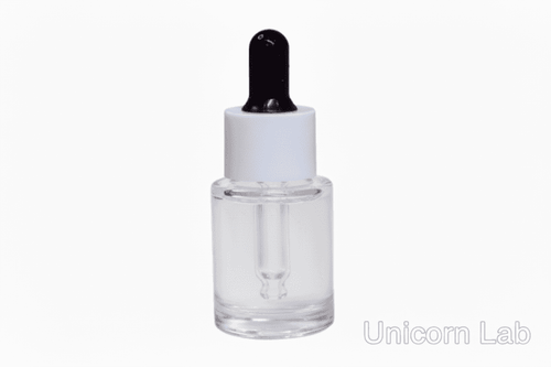 clear flat shoulder glass dropper bottle with black rubber and white cap
