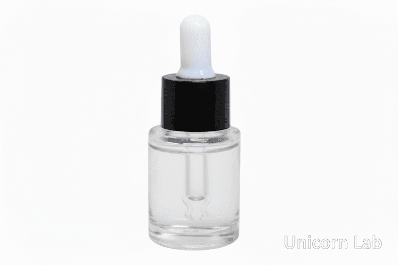 Clear dropper 15ml flat shoulder bottle with clear liquid on a white background