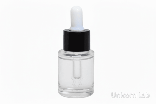 Clear dropper 15ml flat shoulder bottle with clear liquid on a white background