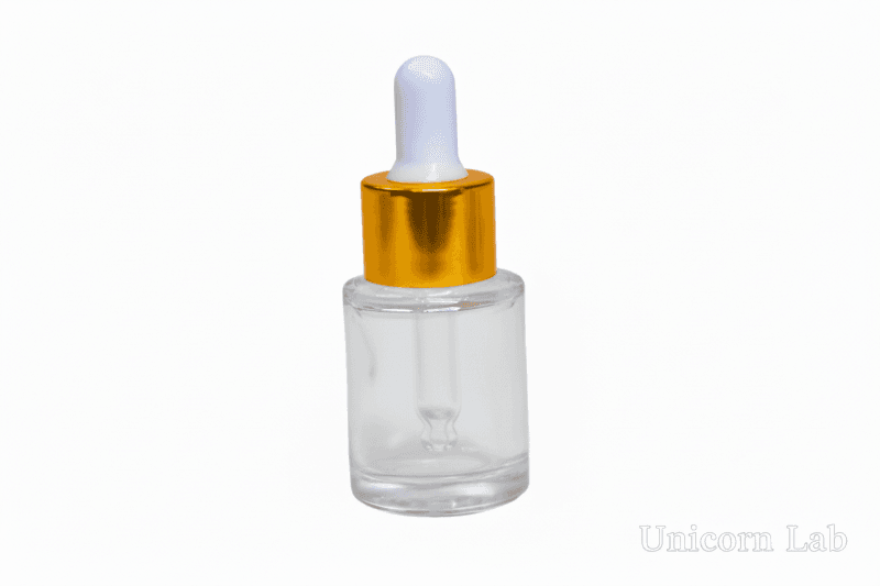 15ml clear flat shoulder gloss dropper bottle with white and gold cap