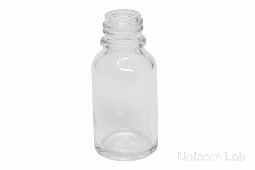 Clear glass  15ml round bottle on a white background