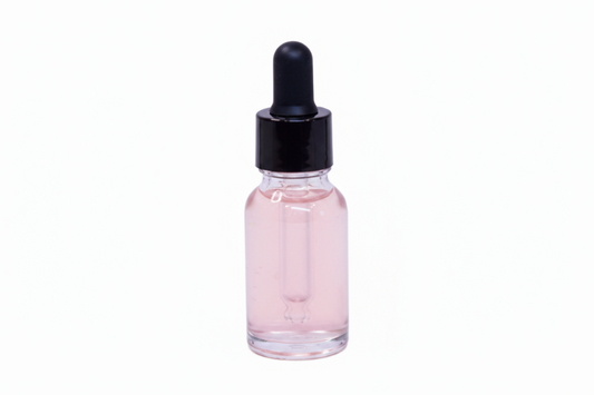 Clear glass 15ml round dropper bottle with black cap on a white background