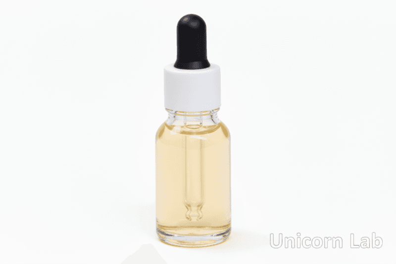 Clear 15ml round bottle with white cap on a white background with cuticle oil inside