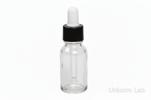 clear round glass dropper bottle with black cap and white rubber