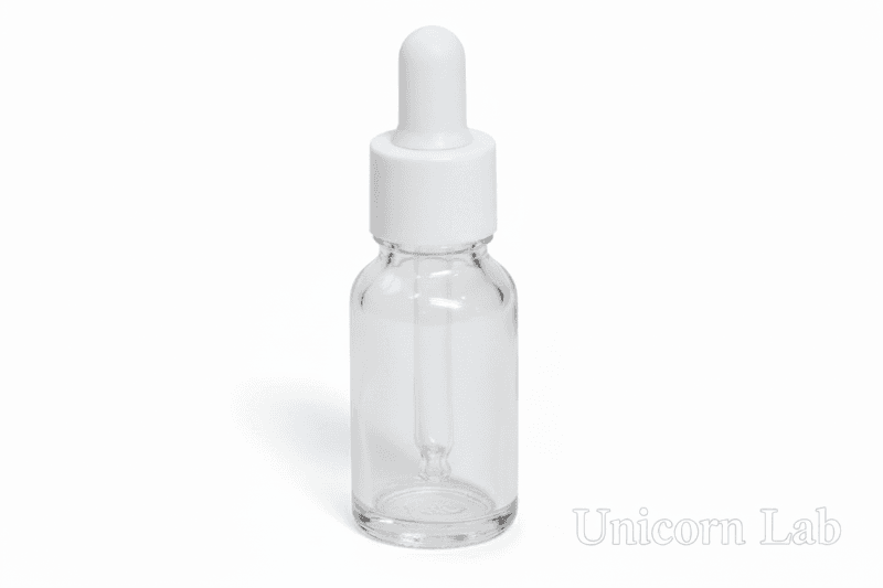 Clear 15ml round glass dropper bottle with white cap on a white background