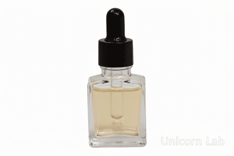 Clear glass 15ml square dropper bottle with black cap on a white background