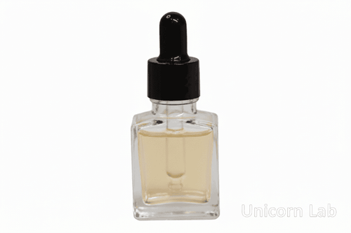 Clear glass 15ml square dropper bottle with black cap on a white background