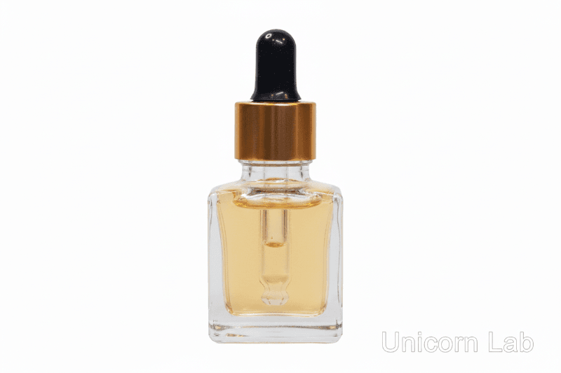 Clear glass 15ml square dropper bottle with gold cap on a white background