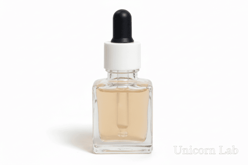 Clear glass 15ml square dropper bottle with black and white cap on a white background