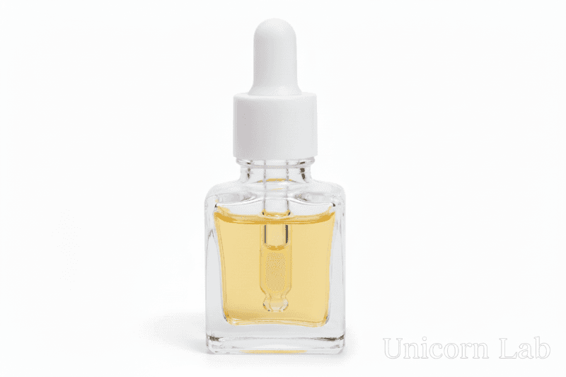 Clear glass 15ml square dropper bottle with white cap on a white background