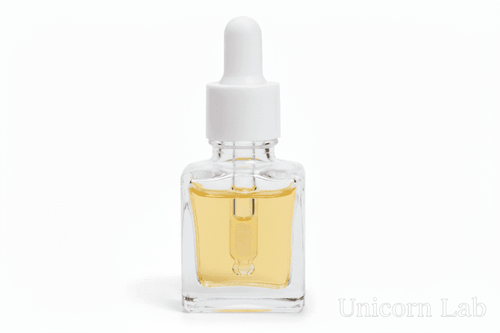 Clear glass 15ml square dropper bottle with white cap on a white background
