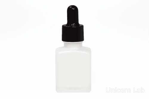 Frosted glass  15ml square dropper bottle with black cap on a white background