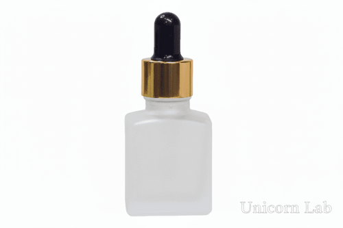Frosted 15ml Square glass dropper bottle with gold cap on a white background
