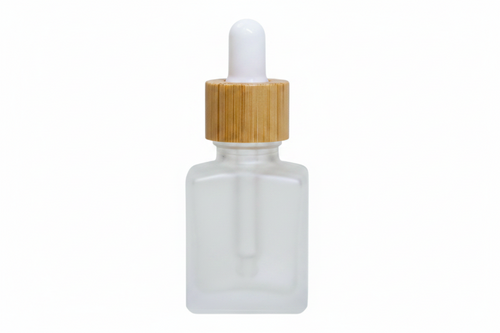 Frosted 15ml square glass dropper bottle with wooden cap on a white background