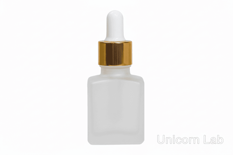Frosted 15ml square glass dropper bottle with gold cap on a white background