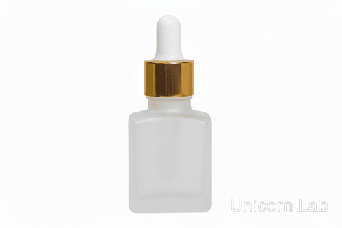 Frosted 15ml square glass dropper bottle with gold cap on a white background