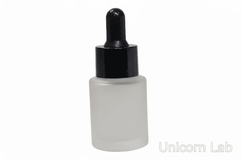 Frosted glass dropper bottle with black cap on a white background