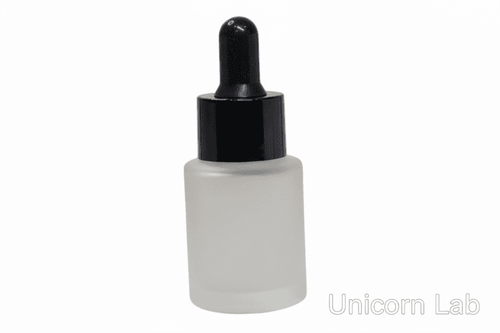 Frosted glass dropper bottle with black cap on a white background