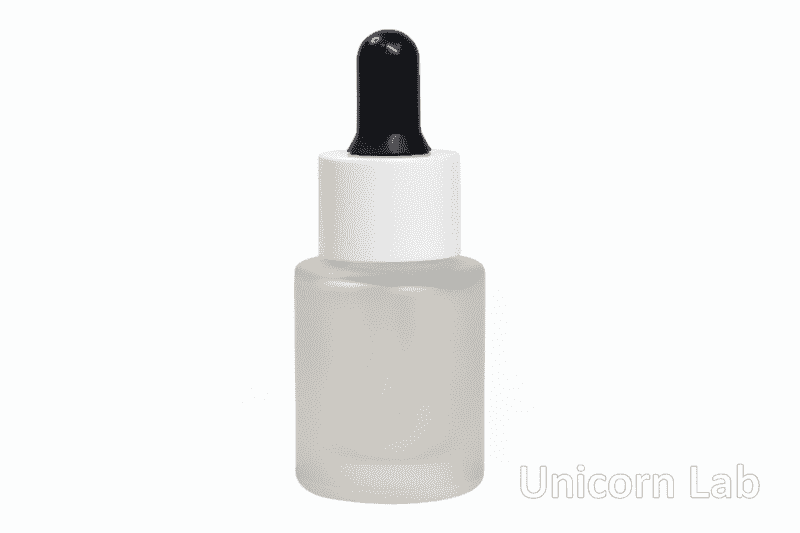 Frosted glass  15ml flat shoulder dropper bottle with black cap on a white background