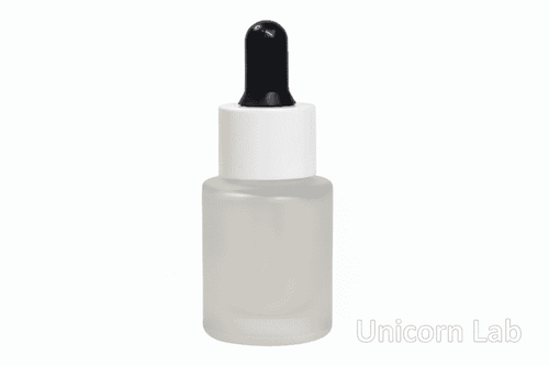 Frosted glass  15ml flat shoulder dropper bottle with black cap on a white background