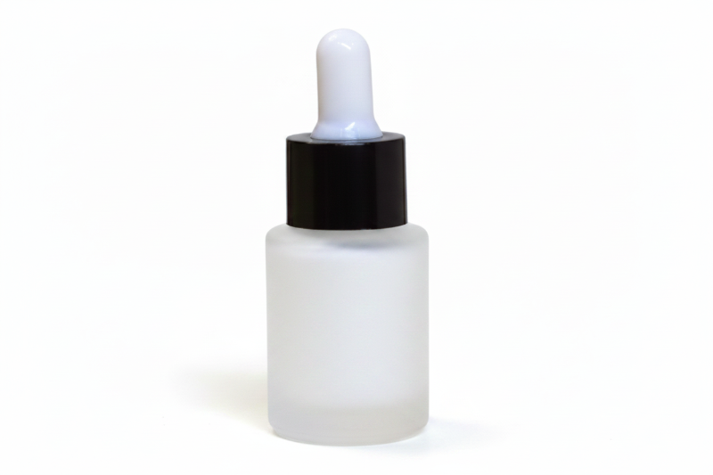 Frosted 15ml flat shoulder dropper bottle with white and black cap for serums