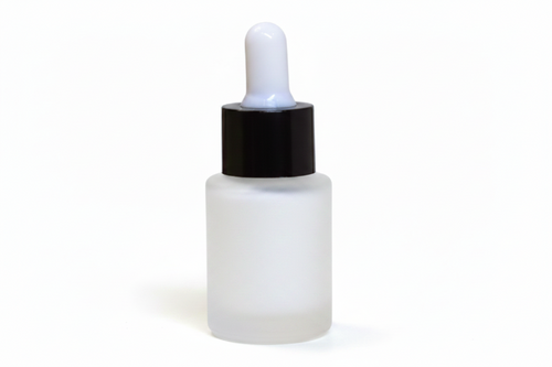 Frosted 15ml flat shoulder dropper bottle with white and black cap for serums