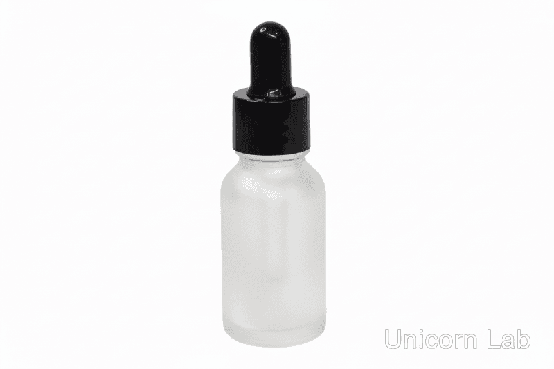 Frosted glass 15ml round dropper bottle with black cap on a white background