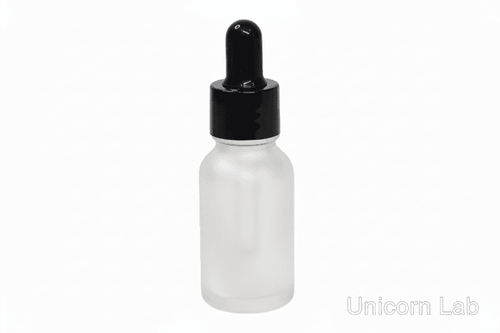 Frosted glass 15ml round dropper bottle with black cap on a white background