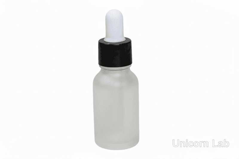 Frosted glass 15ml round dropper bottle with a black cap on a white background