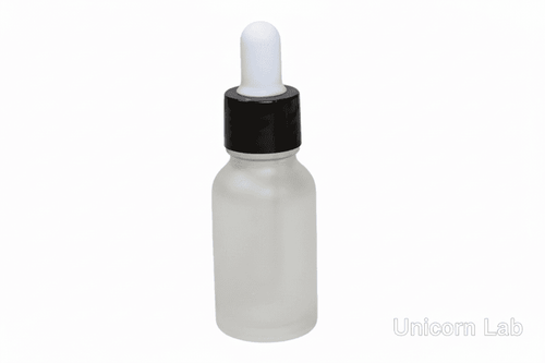 Frosted glass 15ml round dropper bottle with a black cap on a white background