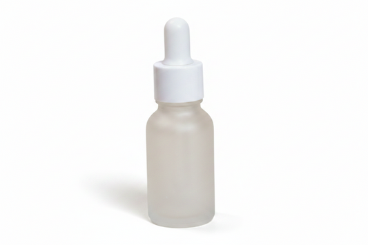 Clear frosted 15ml round dropper bottle with a white cap on a white background
