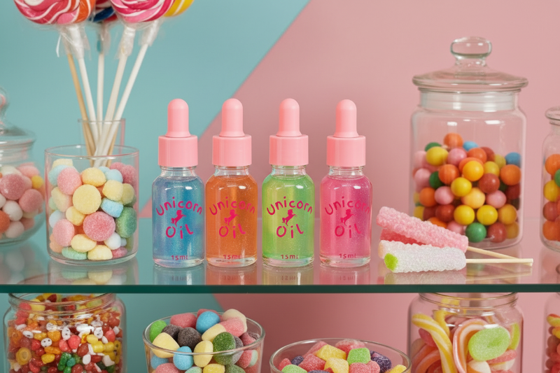 Four bottles of 'Unicorn Oil' with colorful candies on a shelf.