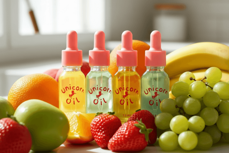 Four bottles of 'Unicorn Oil' with pink droppers on a table with fruits.