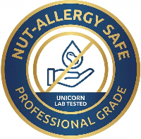 Nut-allergy safe logo with hand holding a drop icon and 'Unicorn Lab Tested' text.