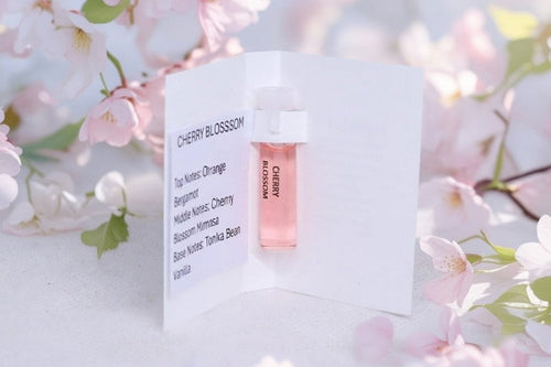 1ml sample cuticle oil with fragrance notes on card with cherry blossom design against a floral background