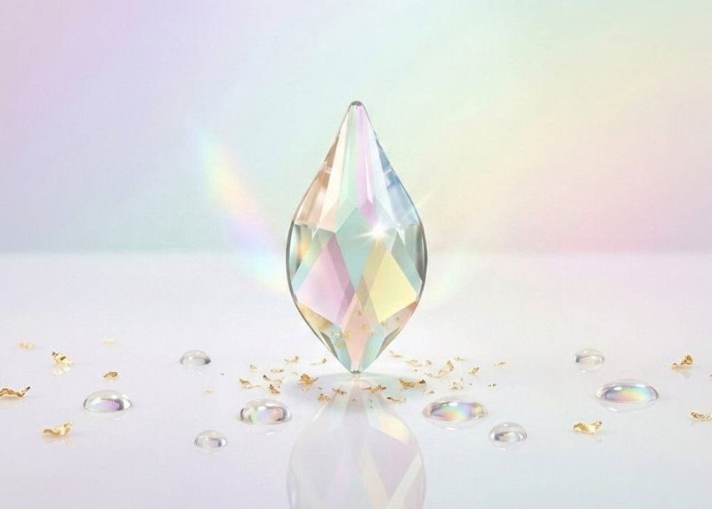 Iridescent crystal pendant on a soft, multicolored background. 2205 Flame AB | Flatback Crystals | 10mm Swarovski Fancy Shape