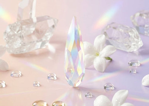 Crystal prisms and white flowers on a pastel background. 2304 Raindrop AB | Flatback Crystals | 10mm x 2.8mm