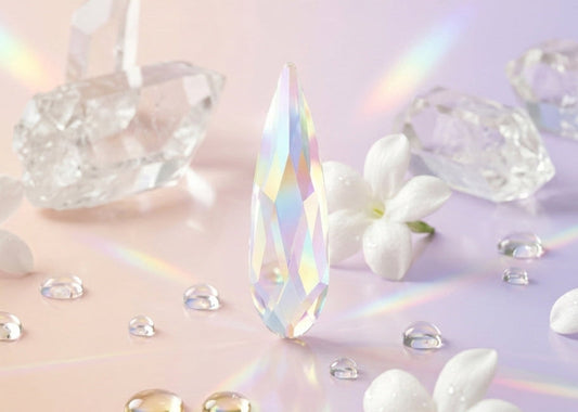 Crystal prisms and white flowers on a pastel background. 2304 Raindrop AB | Flatback Crystals | 10mm x 2.8mm