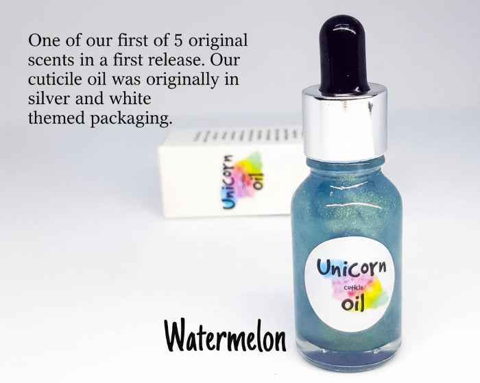 an original image of unicorn oil from 2017. One of our first of 5 original scents in a first release. Our cuticle oil was originally in silver and white themed packaging. Australias first shimmer cuticle oil in a dropper