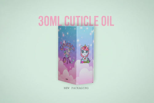 30ml cuticle oil packaging with unicorn design on a light green background