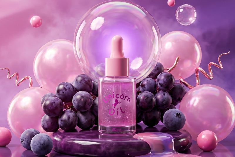 A pink cosmetic dropper bottle labeled 'Unicorn Oil' centered among purple grapes and glossy pink balloons on a purple reflective surface.
