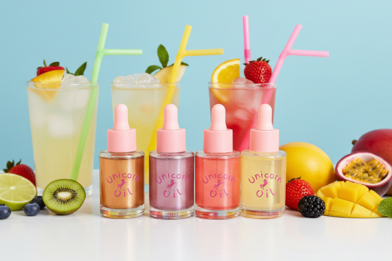 Four bottles of Unicorn Oil with colorful drinks and fruit on a light blue background