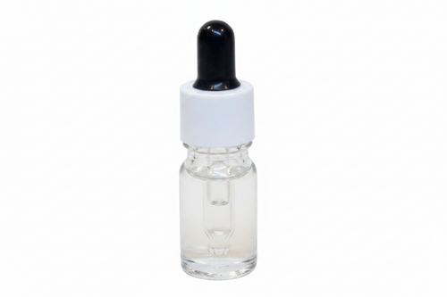 Clear glass 5ml round dropper bottle with a black and white cap on a white background